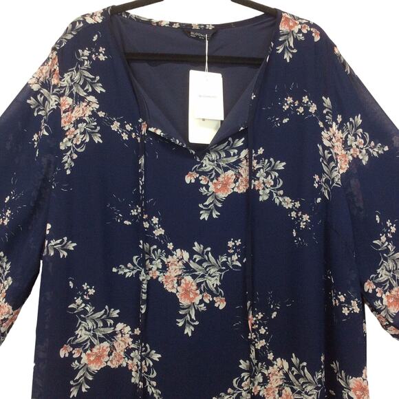 Bloomchic Tunic Women's Plus Size 26 Blue/Pink Floral Boho Sheer Lined Tie Neck - Picture 3 of 11